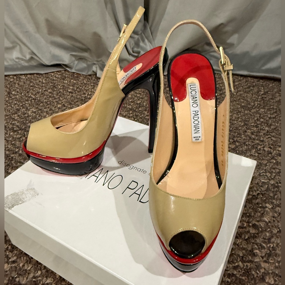 Luciano Padovan Beige and Black Peep Toe Heels